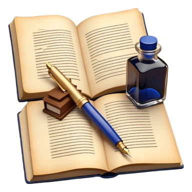 Create a vibrant emoji representing prose writing. The design should feature an open book with pages showing unfinished prose, a classic fountain pen or quill with black or dark blue ink, and an ink bottle (inkwell) next to it. The pages should have visible lines of text, but some should remain unfinished, symbolizing the creative process. Use warm, earthy tones like brown, gold, and cream for the book and background, with the ink and pen in black or dark blue. The emoji should convey the idea of storytelling, creativity, and the unfinished nature of literary work. Make the background transparent. sticker