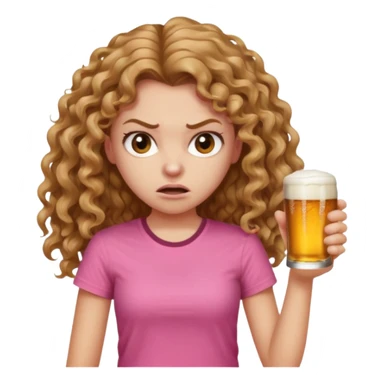 Girl with very long light brown curly hair and pink t-shirt with beers on hand and angry face sticker