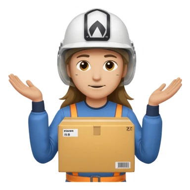 Tengo que dar una capacitacion de orgonomia, necesito un emoji de un operario con pelo largo y casco blanco de manga larga que levante una caja cerrada con las dos manos a la altura de los hombros y que tenga cara de esfuerzo fisico. Que no este saludando, las dos manos sosteniendo la caja.  sticker