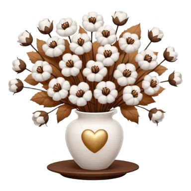 a bouquet of cotton flowers with brown dried petals, in a white ribbed vase on a white tray. next to it is a figurine in the form of a white heart, with sparkles sticker
