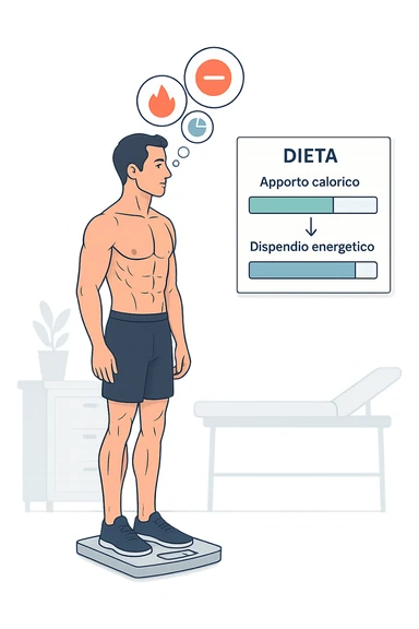 a man stands on a digital scale, looking at a nutrition chart that shows his daily calorie intake is lower than his energy expenditure. Floating icons above his head display a negative calorie balance, and his body appears slightly leaner, with visible muscle definition. The background is a modern clinic, emphasizing the concept of caloric deficit. scritto in italiano sticker