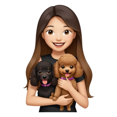 a asian girl with long straight balayage hair, long lashes, laughing, wearing black halterneck top, and holding a brown poodle sticker