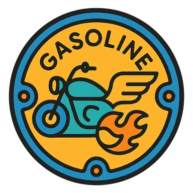 circular motorcycle gas cap design, transparent background, text 'GASOLINE', motif: motorcycle, flame, wing, unique style sticker