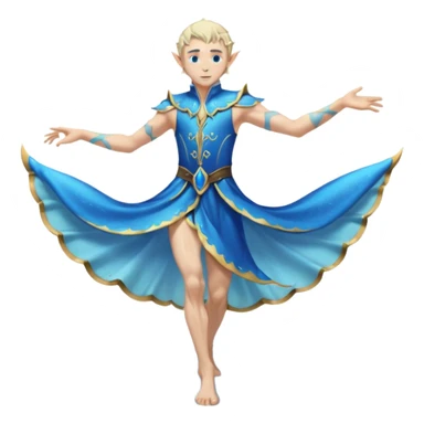elf male dancer with water-like dress, graceful pose on wet sand, splashes, pointy ears, serene expression, centered emoji, ethereal blue colors sticker