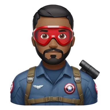 sam wilson have a short, neatly cropped black hair. It is evenly trimmed and close to the scalp, maintaining a clean and military-inspired and  a well-groomed beard that connects to his mustache,  wear sleek, red-tinted tactical goggles fit snugly from captain america: civil war sticker