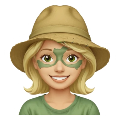 messy green clay mask and tourist hat blond woman  smiling and clay mask on full face sticker