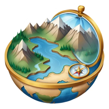 An icon featuring a globe, a compass, and a topographic map, symbolizing geography. The design includes mountain ranges, rivers, and a magnifying glass, representing the study of Earth's landscapes, features, and spatial relationships. Transparent background highlights geographic exploration. sticker