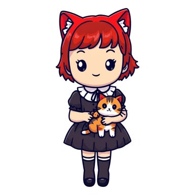 Girl with black and red-tipped hair in black Lolita dress with tabby cat sticker
