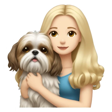 human girl with long wavy blonde hair hugging a brunette colored shih tzu girl with bow sticker