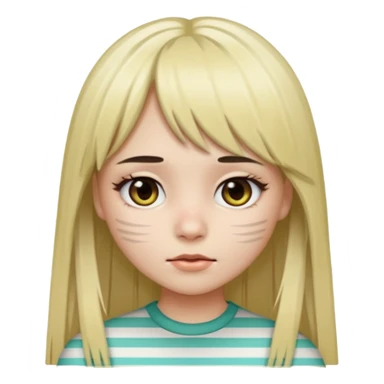 Girl with long straight dark brown hair and blonde striped streaks, with bangs. Light skin and dark eyes. Turn her into a cute zombie version — pale greenish skin, dark eyes, small wounds under eyes, keep her hair and mechas the same, emoji-style. sticker