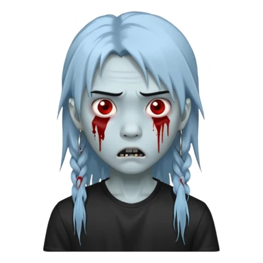  3D emoji-style avatar with very pale blue-grey zombie skin , a young Asian face, and large eyes with blood tears. Give it white litle bit messy long mullet hair style , silver hoop earrings, and a plain black T-shirt. The face expression should be slightly angry, with vampire fang sticker