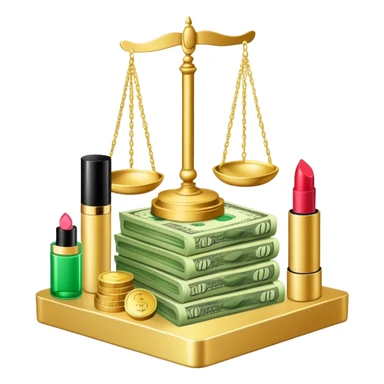 gold scale with a stack of green dollar bills and coins on one side and beauty products including lipstick, perfume, and makeup on the other sticker