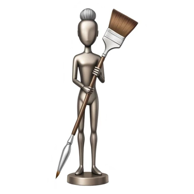 A paintbrush that transforms into a human metal silhouette sculpture, symbol of artistic identity, with a bronze or silver metallic finish sticker