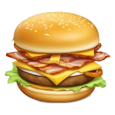 a burger with Australian bread, 1 slice of meat, cheddar cheese on top, slices of bacon and 3 onion rings sticker