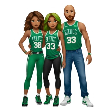 black woman & white man: 48-year-old black woman with Brown eyes, long dark brown balayage hair dressed in sexy 
celtics jersey costume outfit and stilettos with bald white man with Ginger orange face hair beard, Blue eyes, in a Jason Tatum Boston Celtics Jersey, jeans and matching Nike sneakers  sticker