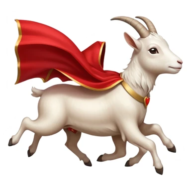 side view of white female goat wearing a read cape like superman sticker