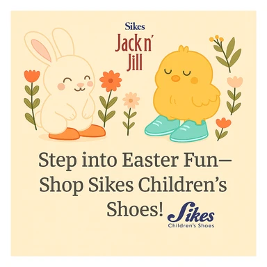 Restore the full Sikes Children's Shoes logo so it is completely visible, but keep it small and subtle. Maintain the pastel background, bunny and chick with shoes, floral accents, and the headline: 'Step into Easter Fun—Shop Sikes Children’s Shoes!'. Ensure the entire logo is present and not cropped. sticker