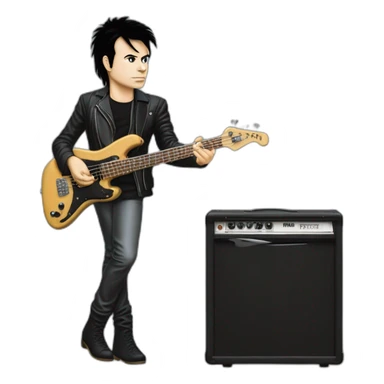 photo realistic, full body, Gary Numan in 1979, playing, Yamaha black bass guitar, standing up, front view sticker