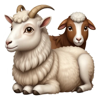 Portrait collage of domestic hooved animals: A calm goat with soft fur, a fluffy sheep with large eyes, and a noble horse with a shiny coat. Soft green meadow and distant hills in the background. Transparent background. sticker