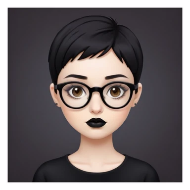 Girl with palw skin, with short black pixi hair cut, brown eyes with eyeliner, dark brown eyebrows, black lips, with big black squadre glasses, septum at nose, black clothes. sticker