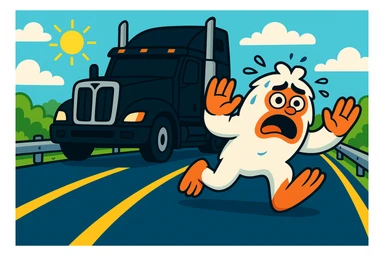 Add a guardrail along the side of the highway, keeping the small, scared abominable snowman in front of the black semi truck, both on the same side of the road, with the semi at a 45-degree angle. Maintain the bright, distant highway view. The style should remain consistent with the original image's look and feel. sticker