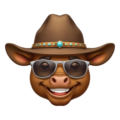 smiling bull head with prominent horns, dark sunglasses, and cowboy hat sticker