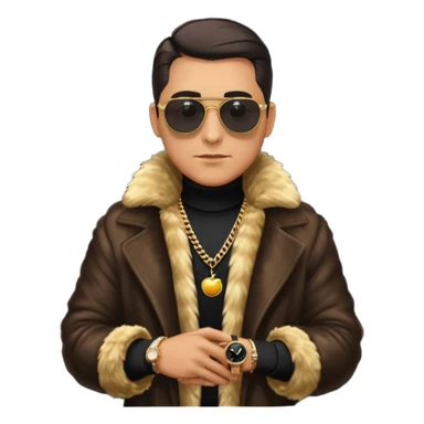bearded man with slicked back hair, wearing dark sunglasses, a luxurious fur coat over a black turtleneck, gold chains and a watch, minimalist flat design, glossy Apple emoji style, simple facial features, centered full-body icon on white background sticker