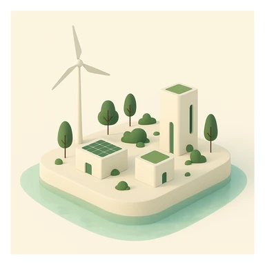 tiny minimalist solarpunk island, basic geometric eco-buildings, sparse greenery, a single wind turbine, futuristic but simple, clear water sticker