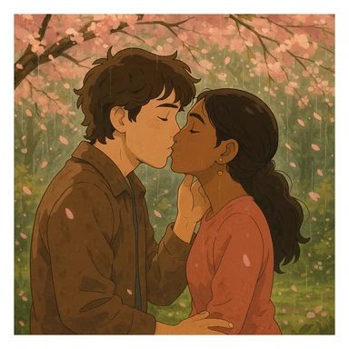 Joel and Madhu sharing a gentle kiss under cherry blossoms in the rain, romantic, Ghibli style with delicate petals falling, soft rain, and warm emotional tone. sticker