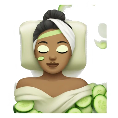 A girl’s face with a green relaxing spa mask on, her eyes closed, with a peaceful and serene expression. Her hair is tied back with a towel wrap, and there are small details of cucumber slices placed over her eyes. sticker