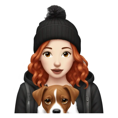 Long Red haired woman in beanie with septum piercing holding black and white English Staffordshire puppy sticker