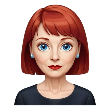 Older woman in her early 60s with fair skin, wider oval face, noticeable age lines, blue eyes, thin eyebrows, small nose, red lips, dark red hair with straight bangs, wearing a black blouse sticker