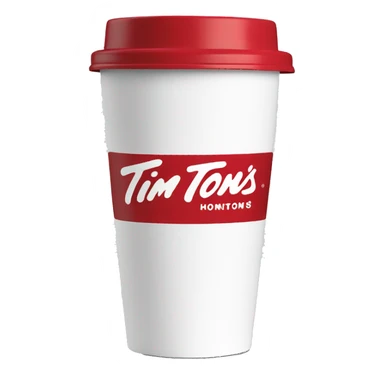 “Red Tim Hortons coffee cup with large white ‘Tim Hortons’ logo in script, black plastic lid, and a simple, clean design.” sticker