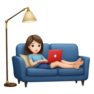 A girl is working with a laptop while lying on a sofa, with a floor lamp to the right. sticker