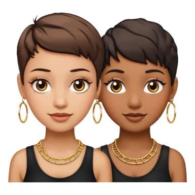 Do two best friend emojis one brown skin one fair skin with pixie cuts with big hoop earrings and gold necklace wearing black and lash extension sticker