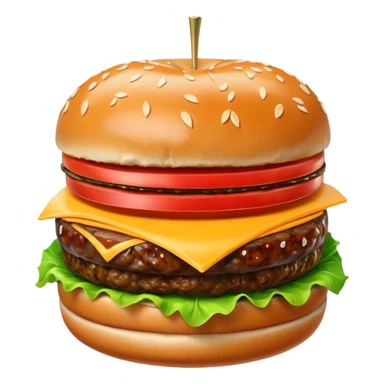 A classic single patty hamburger emoji, 3D Apple style, glossy and colorful. Soft rounded bun with sesame seeds, one beef patty, fresh lettuce, tomato slice, melted cheese, realistic but cartoonish look, clean white background sticker