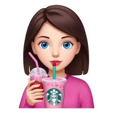 make an emoji of a brunette blue eye girl wearing pink drinking a strawberry acai refresher from starbucks sticker