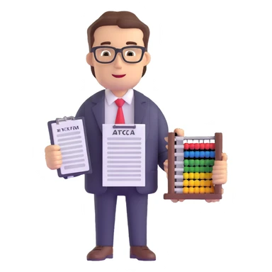 male accountant with tax forms, abacus and spreadsheet sticker