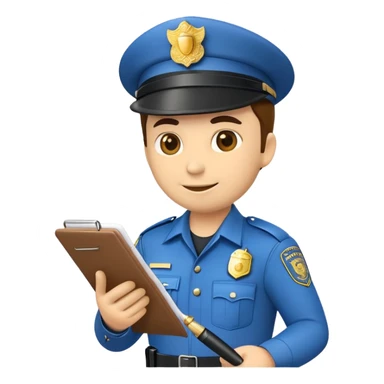 An emoji of a traffic police officer writing a ticket. The officer wears a traditional uniform with a hat and badge, holding a notepad and pen. The design is simple, cartoonish, and emoji-like, with a neutral yet authoritative expression sticker