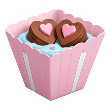 Two sharp-edged square milk chocolate pralines placed diagonally, each in a white fluted paper candy cup, with smooth glossy coating.
Flat thin pastel pink heart icing centered on top with subtle sugar crystal sparkle, clean studio lighting, pure white background, realistic minimal emoji-style. sticker