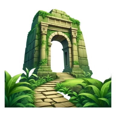 Icon for Adventure Movie: A vintage movie poster-style design with a jungle clearing path, dense foliage surrounding it. In the distance, ancient ruins peek through the trees. The atmosphere is mysterious and adventurous, with soft light cutting through the trees. Transparent background. sticker