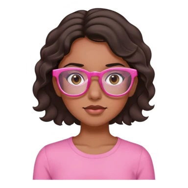 Brown brunette girl, with black wavy hair, black eyes, pink rectangular glasses and pink top rolling her eyes sticker