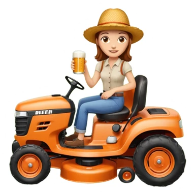 White woman with brown hair, without glasses wearing a straw hat, on old orange ride on lawn mower, holding a beer with one hand and holding the steering wheel with the other hand. Woman is smiling. Lawn mower has “Westwood” written on the engine cover sticker