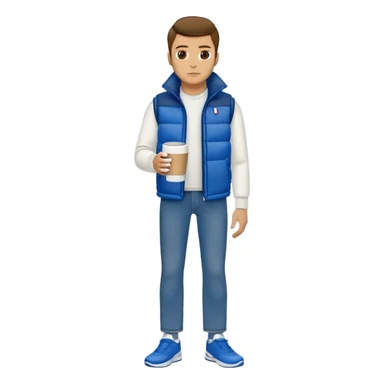 full body man with long sleeve white shirt with blue puffer winter vest with no pockets wearing straight levi blue jeans with no cuffs and black tennis shoes holding a coffee mug in one hand in front of him and nothing in the other hand sticker