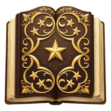 An open, ornately decorated book rendered in a highly detailed. The book's cover, framed with a broad, golden border, is a rich, dark brown, embellished with intricate golden filigree designs, including scrolling vines and decorative stars. sticker