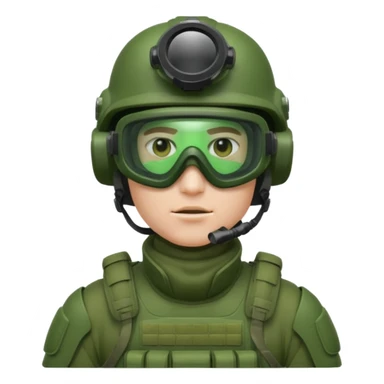 white-skinned male modern infantry soldier with green body armor, ultra-modern helmet with night vision goggles, mask, cool and brutal, emoji style sticker