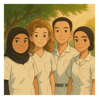 Four nursing students standing side by side in a warm atmosphere, Ghibli style. They wear white short-sleeved uniforms with medical tunic tops featuring V-neck collars and left chest pockets. No undershirts or stethoscopes. Faces and attitudes inspired by the four provided photos, version 3. sticker