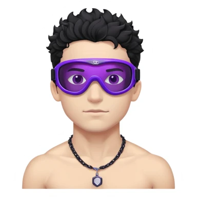 shirtless male athlete with white skin and moderately curly black hair on top with shaved sides, wearing ski goggles with purple frames/outline and very dark heavily tinted black lenses that completely hide the eyes, and a simple plain black chain necklace, no earrings sticker