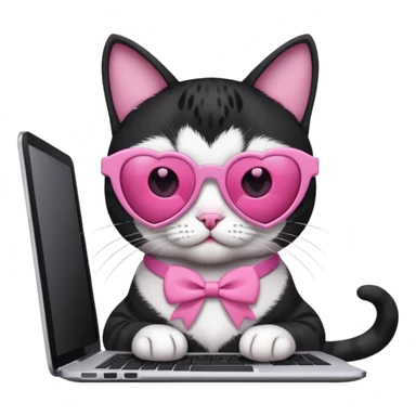 Black and white cat with pink ribbon and black cool sunglasses doing pink computer with pink heart sticker