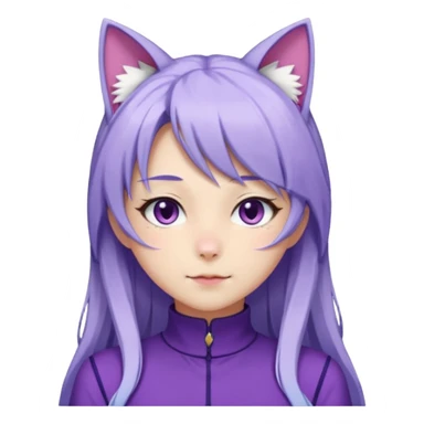 female anime character with long white and periwinkle hair and cat ears on her head. She is wearing a purple outfit with a high neckline and long sleeves.  sticker